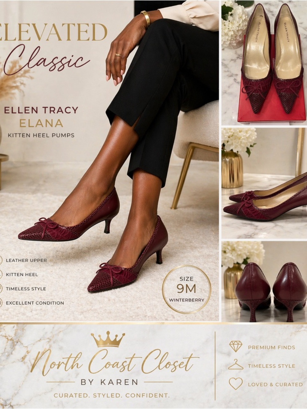 Ellen Tracy Elana Kitten Heel Pumps Burgundy Snakeskin Toe Size 9M